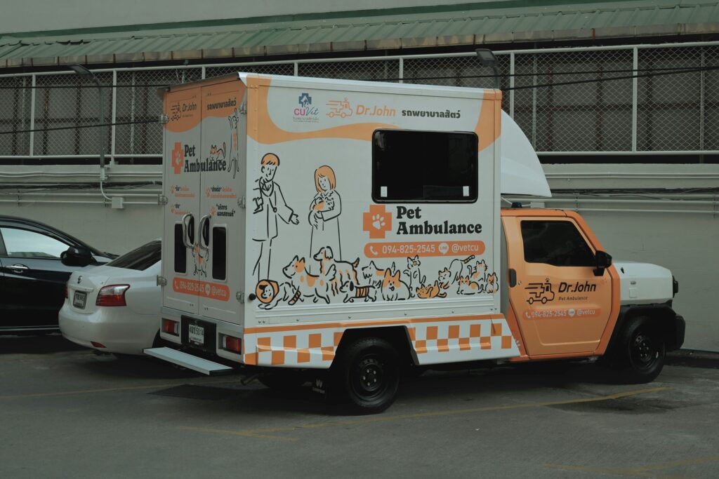 Emergency vet visit cost example: pet ambulance at a veterinary clinic